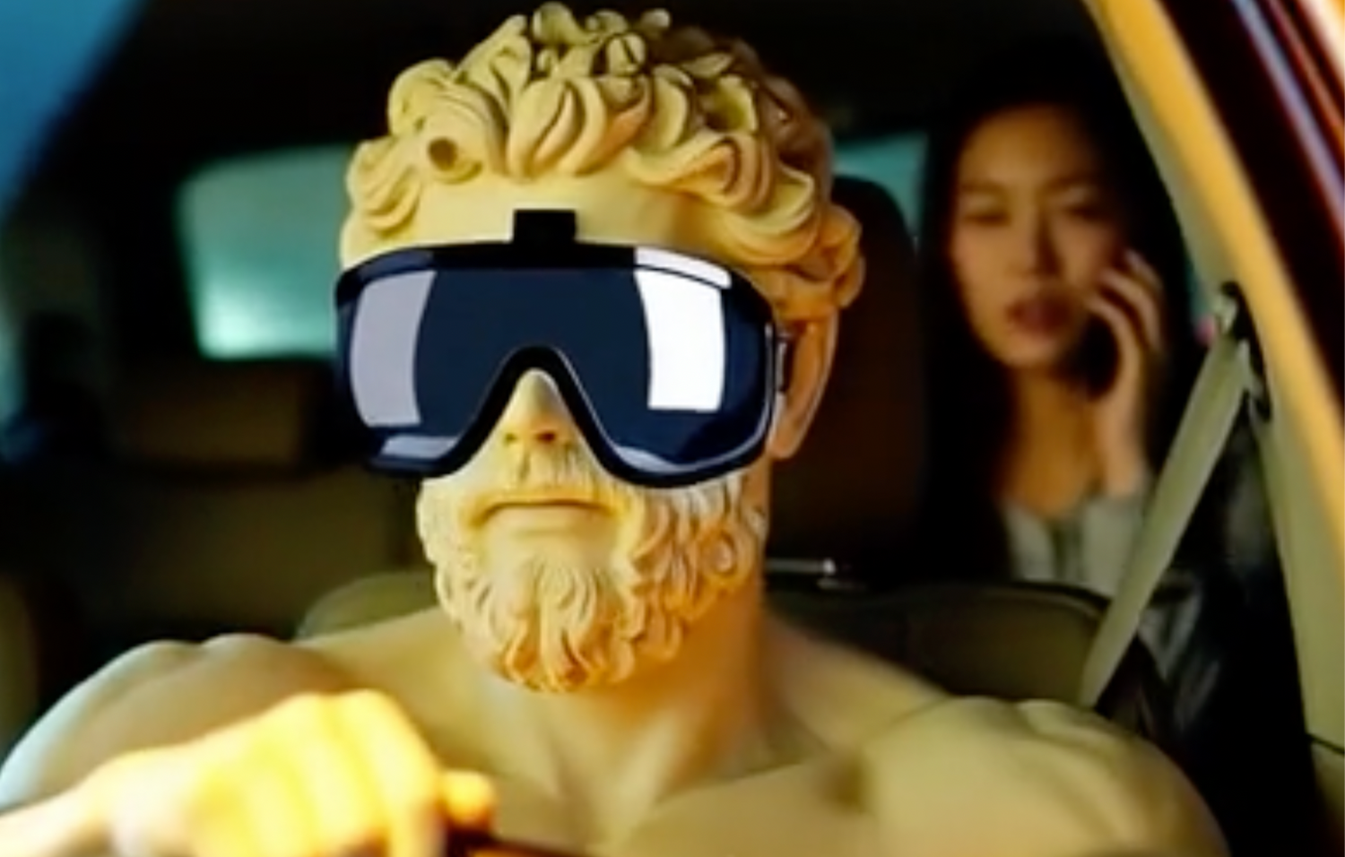 Statue of a bearded man with sunglasses driving a car, with a woman in the background using a phone.
